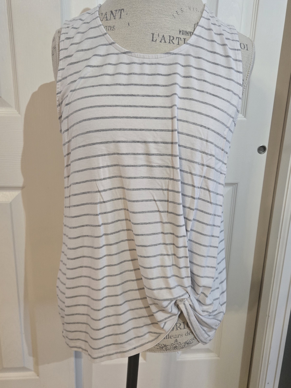 Albion White and Gray Striped Knot-Front Tank